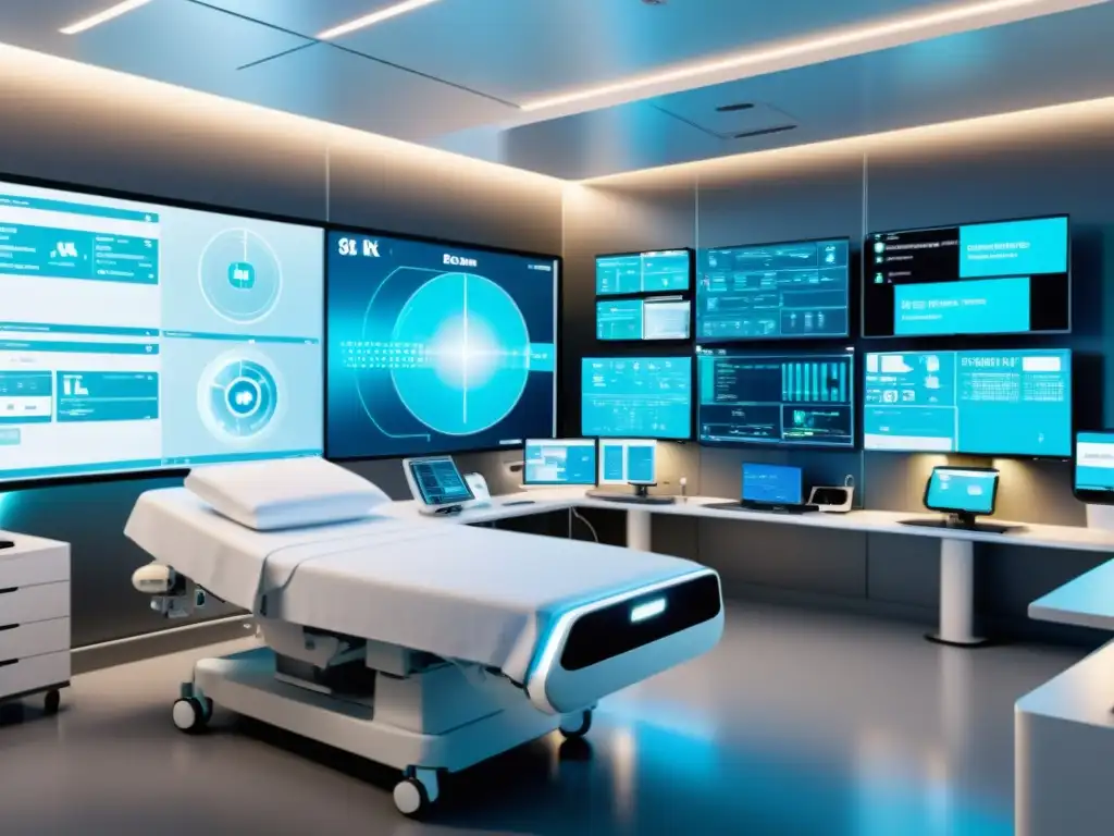 Imagen detallada de una sala de hospital moderna con dispositivos médicos interconectados e IA, mostrando la interoperabilidad en salud