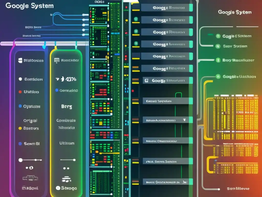 Una imagen detallada del sistema de arquitectura original de Google Borg, con una red de servidores y vías de datos interconectadas