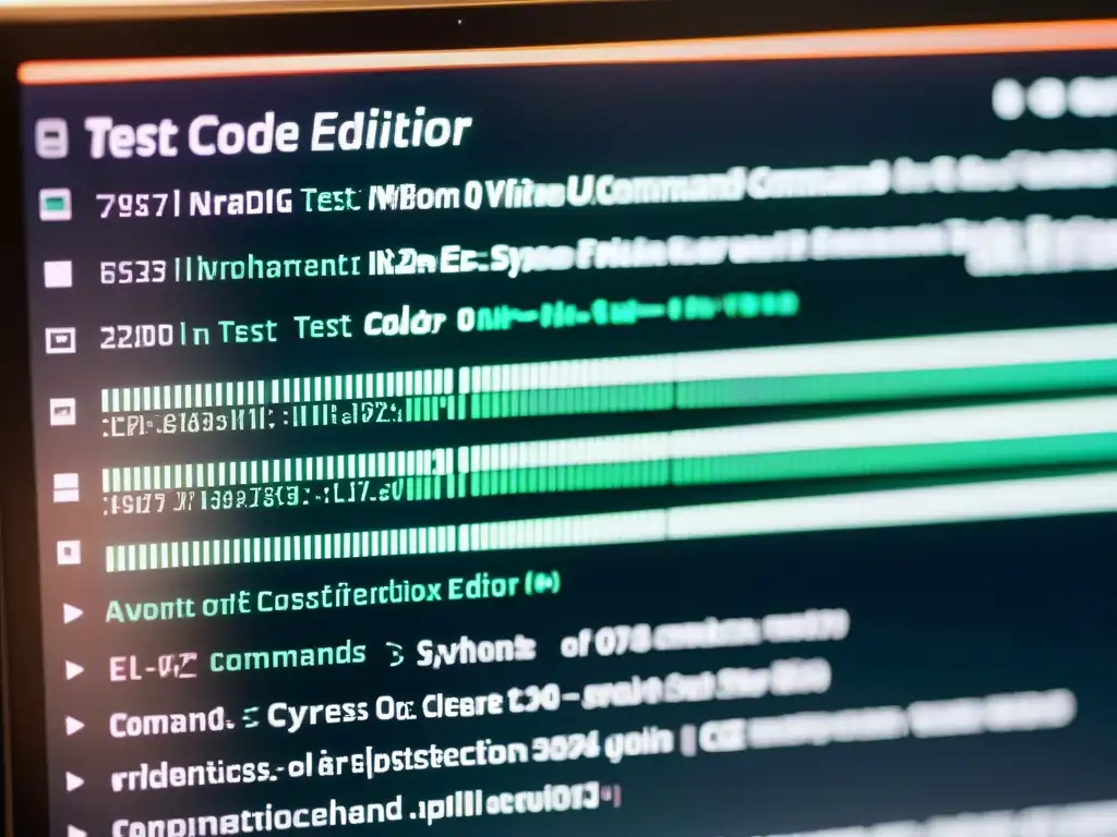 Una imagen detallada y vibrante de un código de prueba E2E con Cypress en un moderno editor de texto, con una estética contemporánea