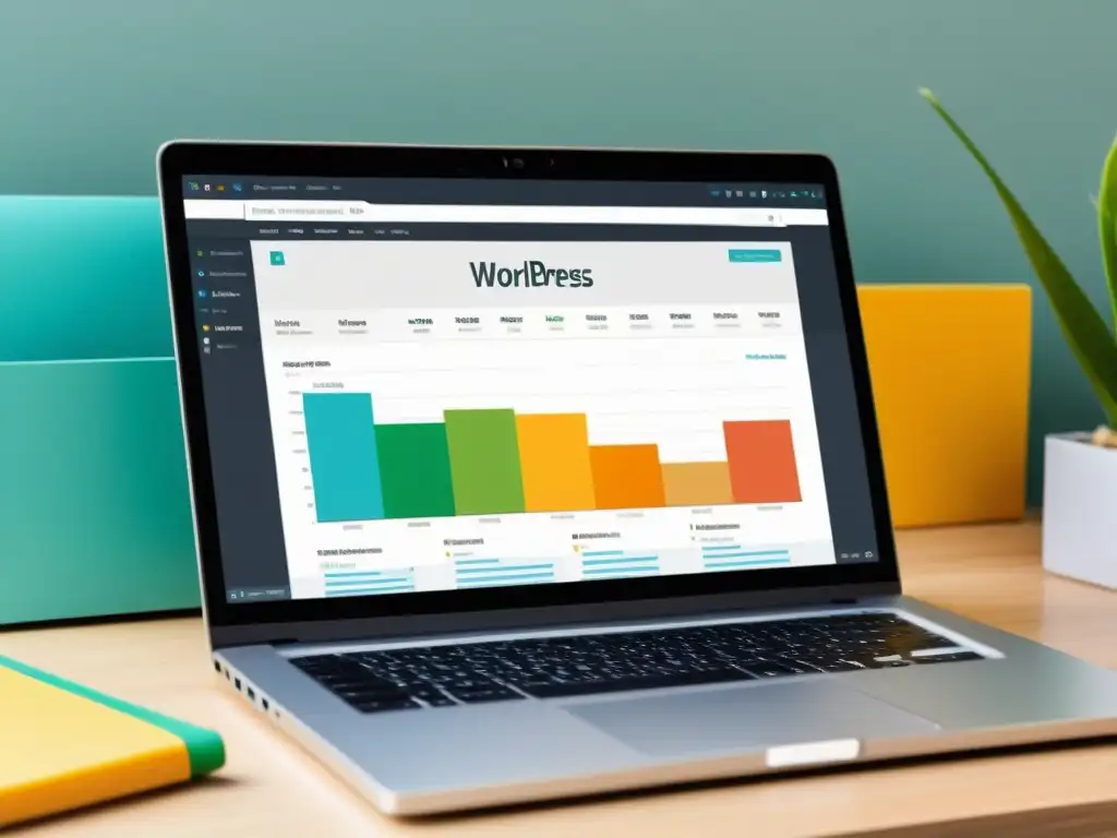 Imagen de una elegante laptop mostrando la migración de Blogger a WordPress, en un entorno profesional y organizado