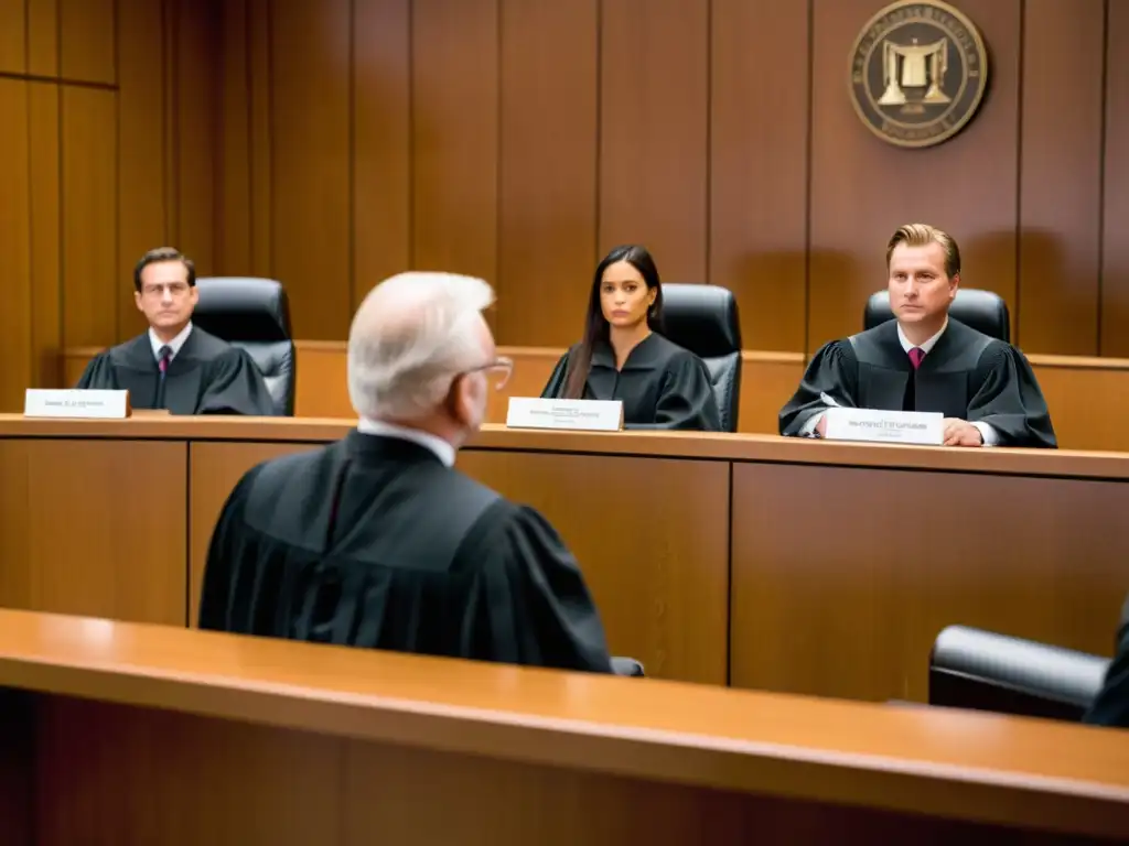 Juicio moderno: Impacto de infracciones de licencia de código abierto Imagen de una escena moderna en la sala del tribunal, con un enfoque en el estrado del juez, abogados presentando argumentos y un ambiente profesional