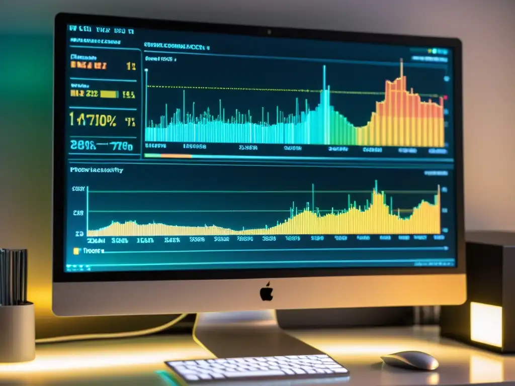 Una imagen de un espacio de trabajo moderno con una pantalla de computadora que muestra gráficos y código