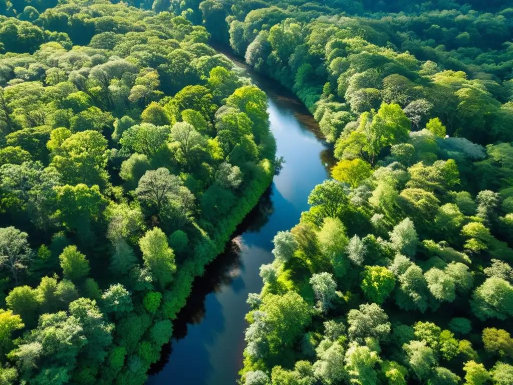 Imagen de un exuberante bosque con luz solar filtrándose entre el dosel, creando sombras moteadas