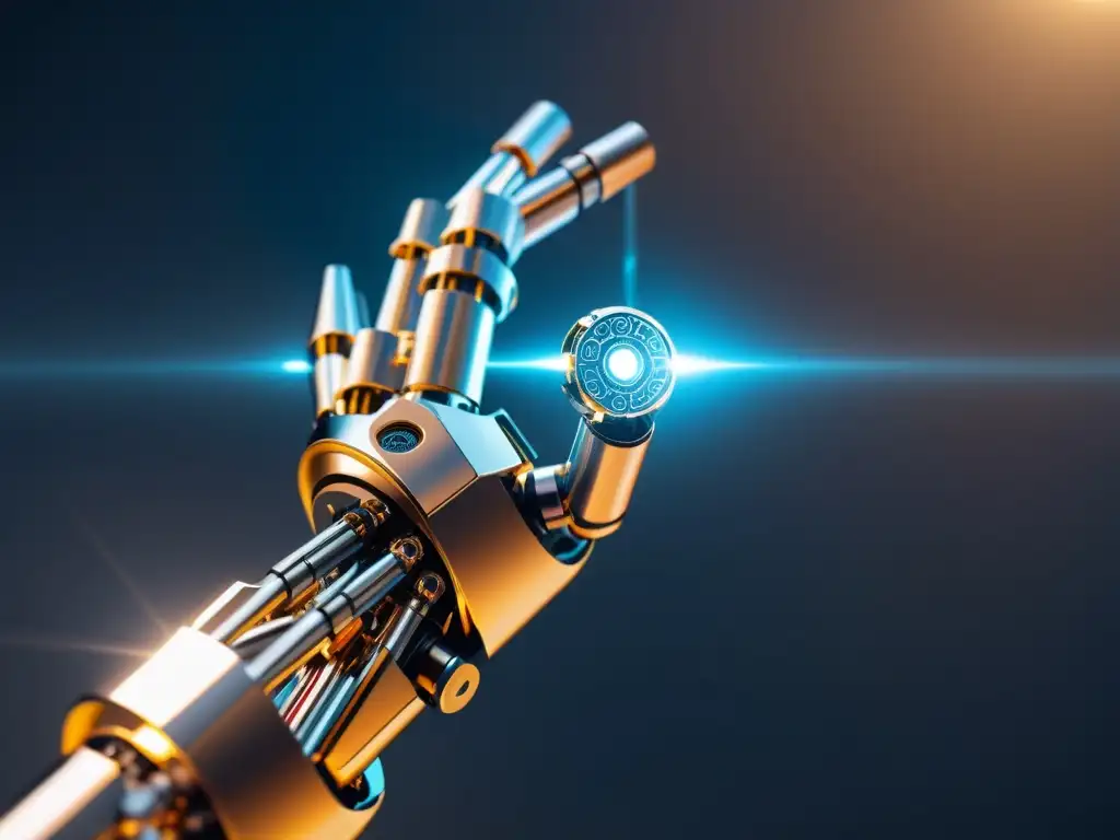 Una imagen futurista de un brazo robótico entrelazado con nodos brillantes de blockchain, fusionando Blockchain y Robótica de Código Abierto