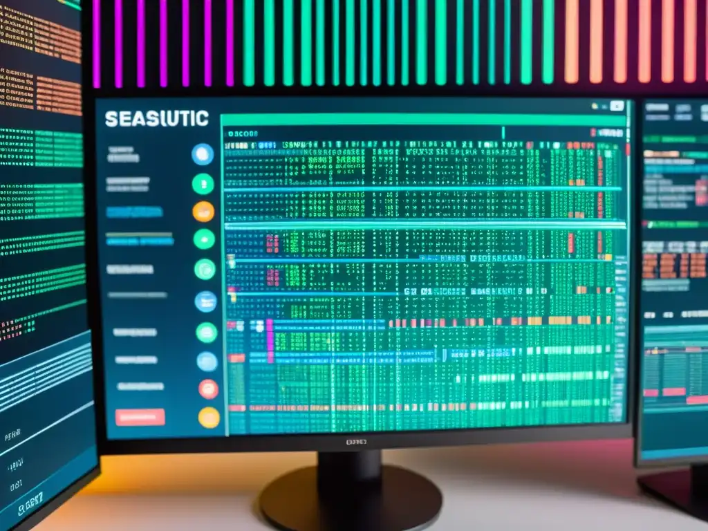 Imagen futurista de pantalla de computadora mostrando datos encriptados y visualizaciones coloridas, rodeada de código y símbolos de seguridad digital