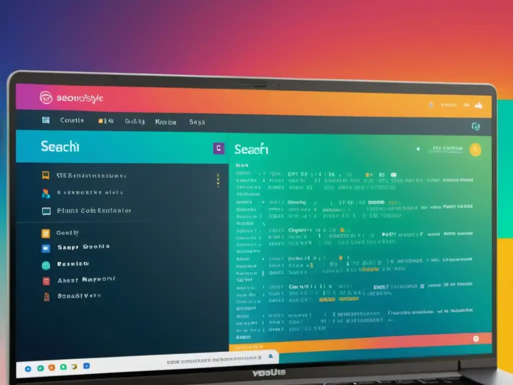 Imagen futurista de pantalla dividida con código de Open Source y resultados de búsqueda SEO, integrando software y SEO en un diseño sofisticado