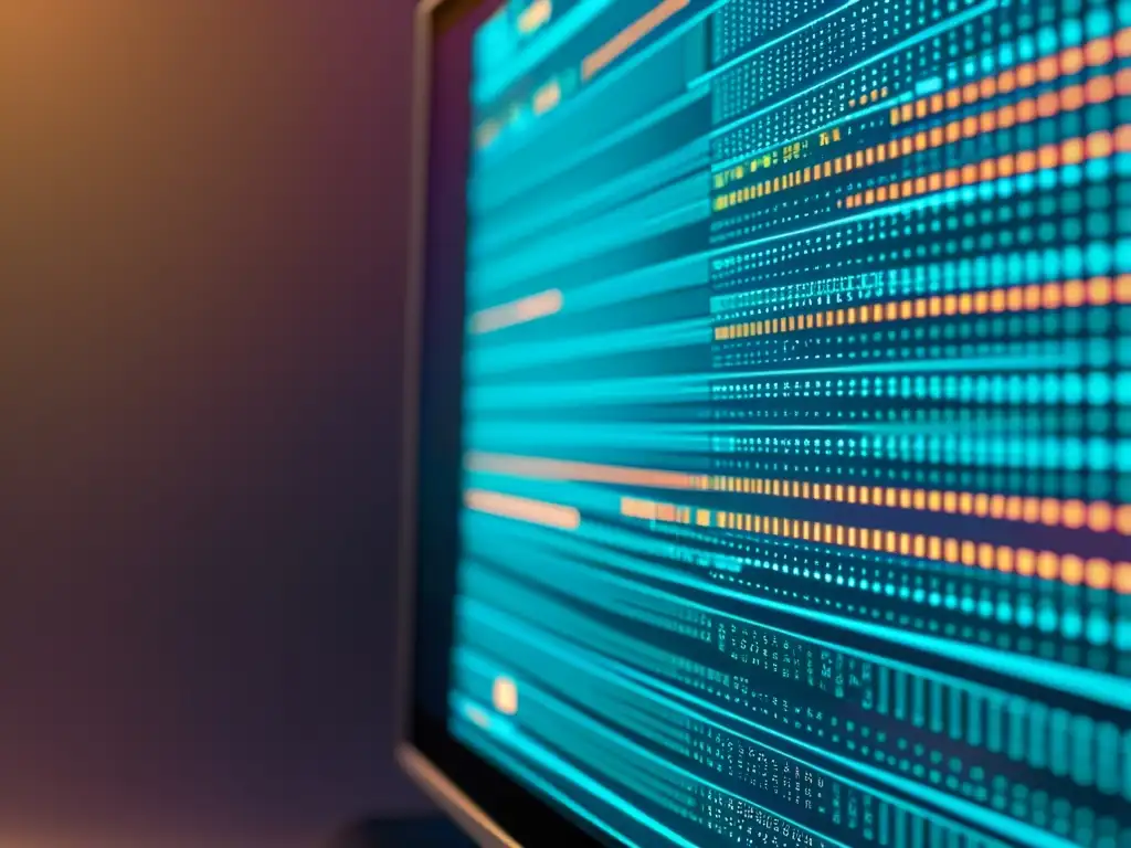 Código de Seguridad Digital en Pantalla: Algoritmos de Protección Una imagen futurista de seguridad en desarrollo de código abierto con algoritmos de protección visualizados en una pantalla de computadora