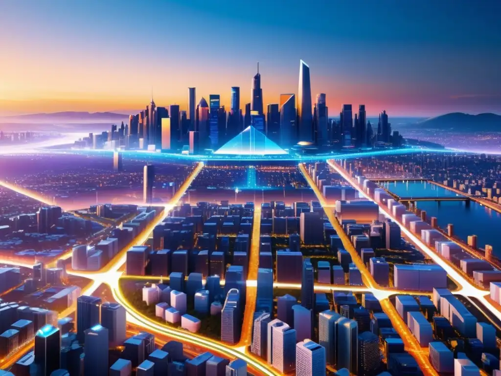 Imagen de un futurista skyline urbano con auge de sistemas operativos de código abierto y tecnología de vanguardia en una tarde cálida