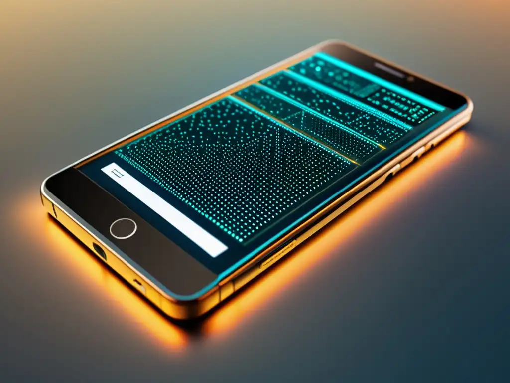 Imagen futurista de smartphone con técnicas efectivas para manejo concurrency en diseño de aplicaciones, interfaz limpia, código y red interconectada