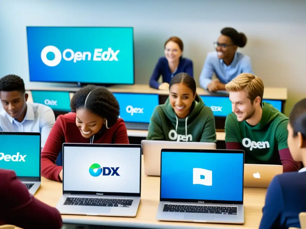 Revolución educativa: Estudiantes activos en plataforma Open edX Imagen impactante de aula llena de estudiantes usando laptops, interactuando en plataforma educativa Open edX de código abierto