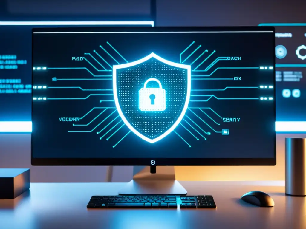 Imagen impactante de desarrollo dirigido por seguridad en código abierto con interfaz futurista y monitoreo de seguridad en tiempo real en pantalla de computadora de alta tecnología