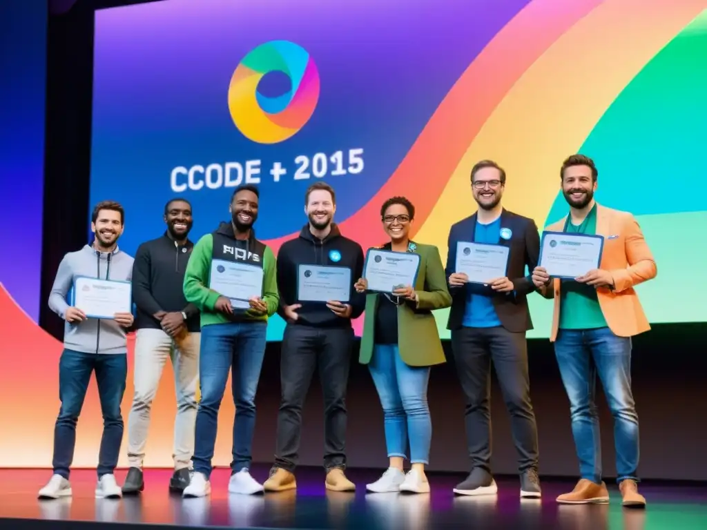 Una imagen impactante de diversidad y camaradería entre desarrolladores de código abierto, celebrando con premios en una conferencia futurista