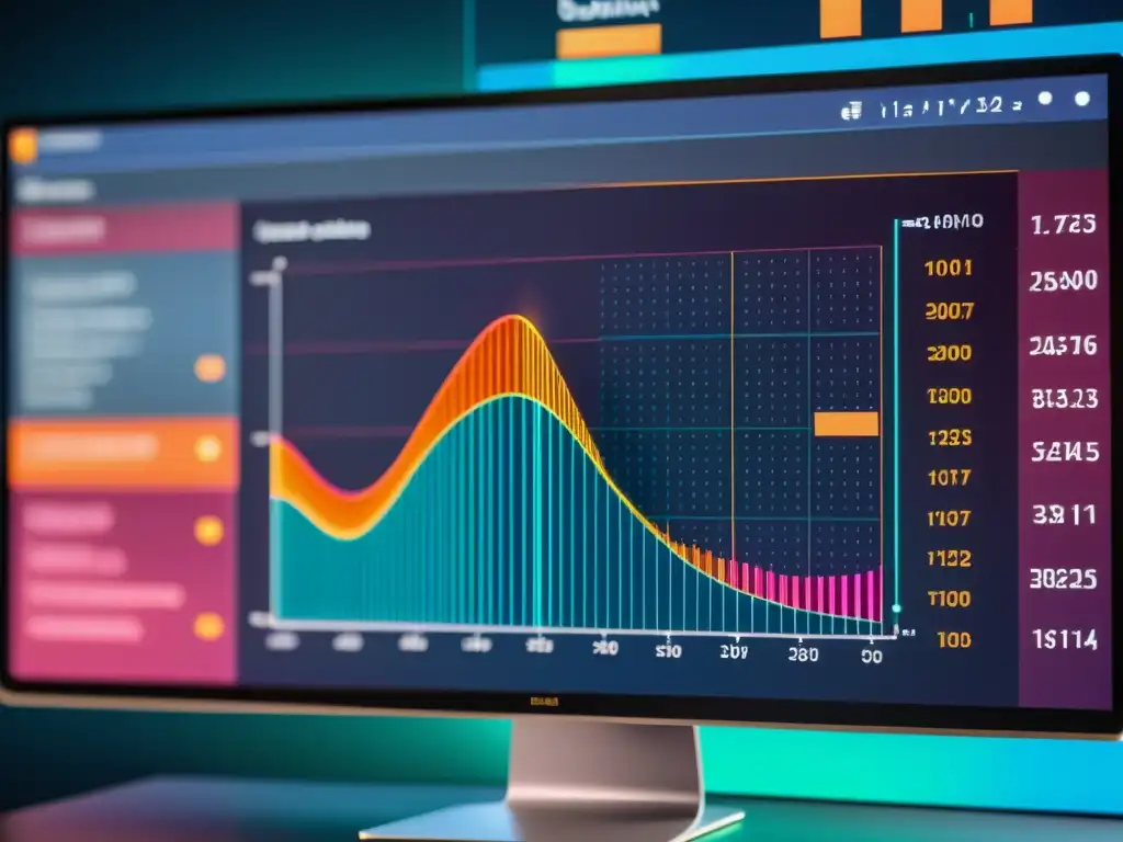 Imagen impactante de pantalla de computadora con código de algoritmo de machine learning y visualizaciones de datos coloridas