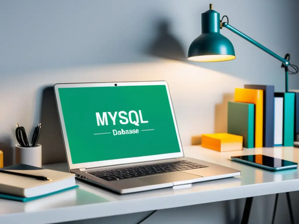 Una imagen impresionante muestra un elegante portátil con un detallado esquema de base de datos MySQL rodeado de libros, libretas y herramientas técnicas