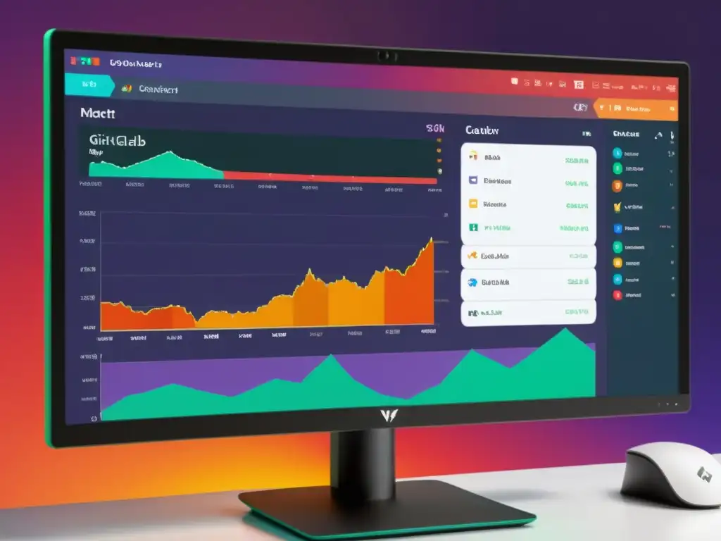 Imagen 8k de la interfaz GitLab con herramientas de comunicación Open Source, gráficos detallados y colaboración en tiempo real