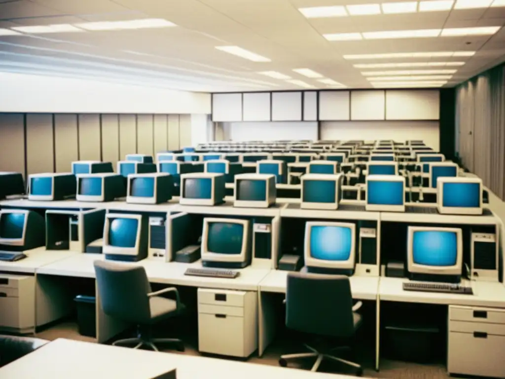 Imagen de laboratorio de computación en los años 80, con sistemas operativos BSD evolución historia y ambiente nostálgico