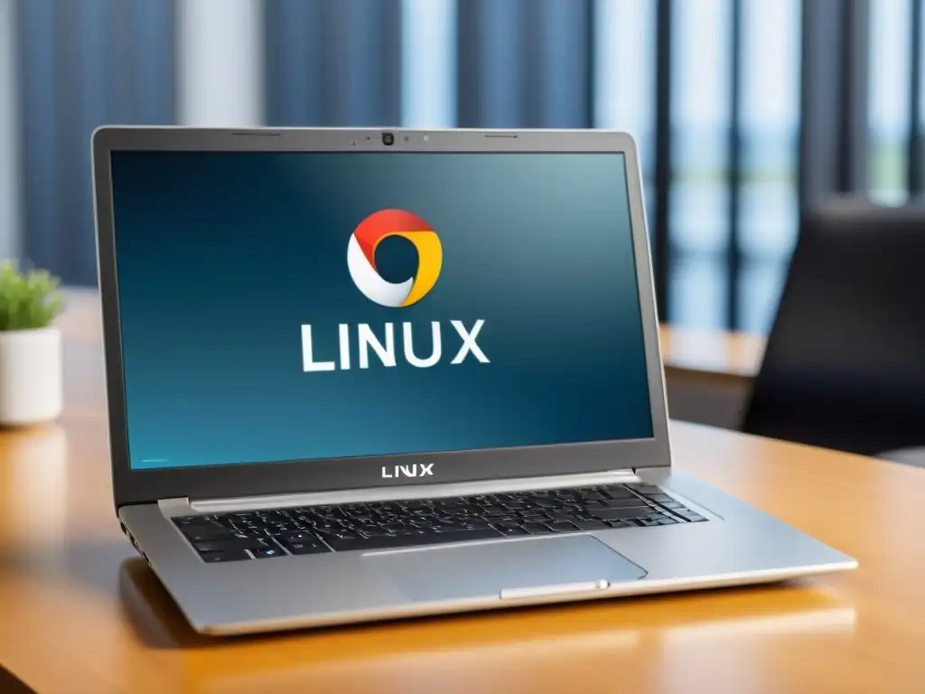 Imagen de laptop moderna con Linux y seguridad de datos en un entorno profesional y seguro
