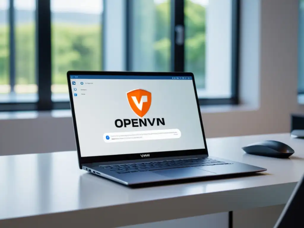 Imagen de laptop moderno con interfaz OpenVPN en una oficina minimalista