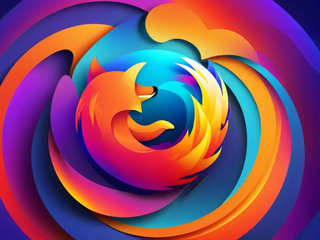 Imagen 8k del logo de Firefox emergiendo de un vibrante remolino digital, representando el éxito de Mozilla y Firefox en Software Open Source