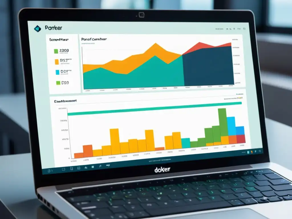 Una imagen moderna muestra el manejo de contenedores Docker con Portainer en un entorno profesional y minimalista