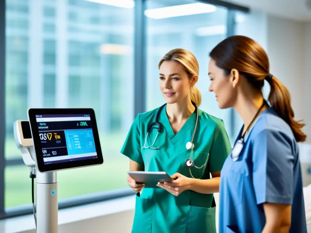 Imagen de una moderna sala de hospital con equipo médico de vanguardia y tecnología AI, creando un ambiente tranquilizador