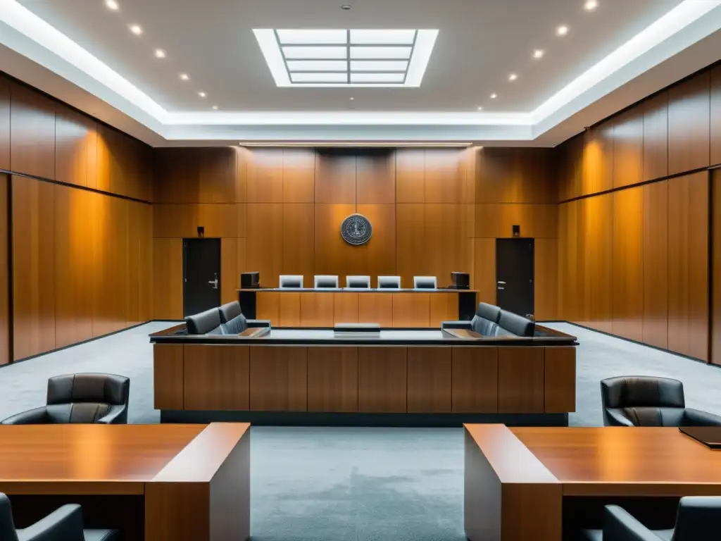 Moderno tribunal 8k: Autoridad legal y tecnología Imagen de una moderna sala de tribunal, con diseño minimalista y tecnología de vanguardia