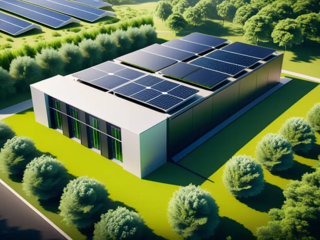 Imagen de un moderno centro de datos ecológico, con servidores eficientes rodeados de vegetación y paneles solares, destacando el impacto de código abierto en la reducción de la huella de carbono en la industria tecnológica