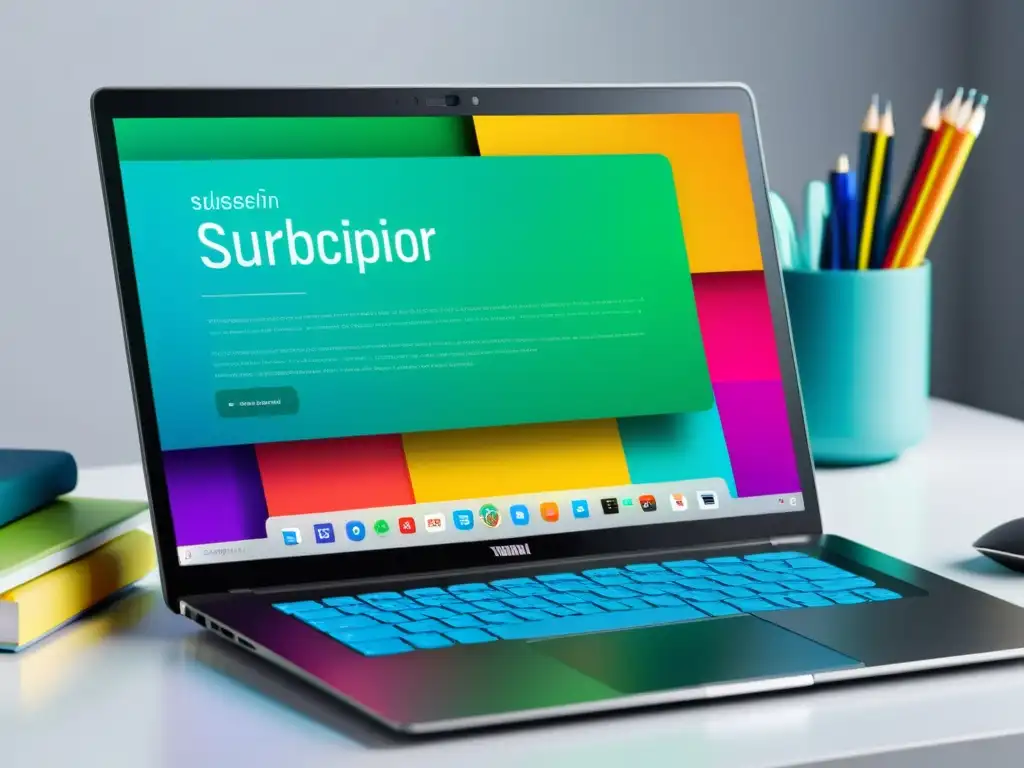 Imagen de un moderno portátil con interfaz vibrante y suscripciones de software libre, en un espacio organizado y profesional