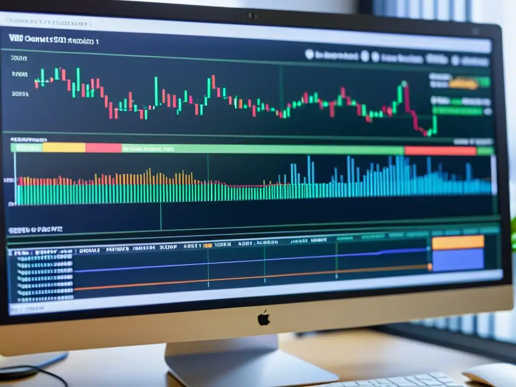 Una imagen de un monitor de computadora mostrando líneas de código y visualizaciones, en un entorno de oficina moderno y acogedor