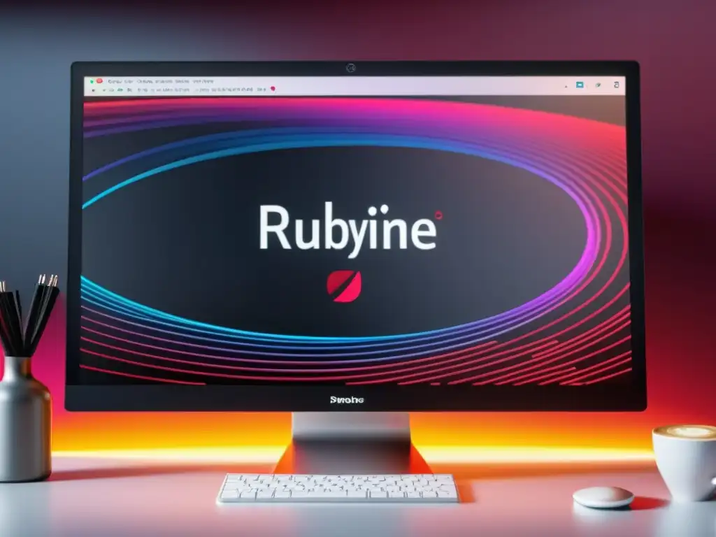 Imagen de un monitor moderno mostrando código Ruby en RubyMine, con un ambiente profesional y educativo