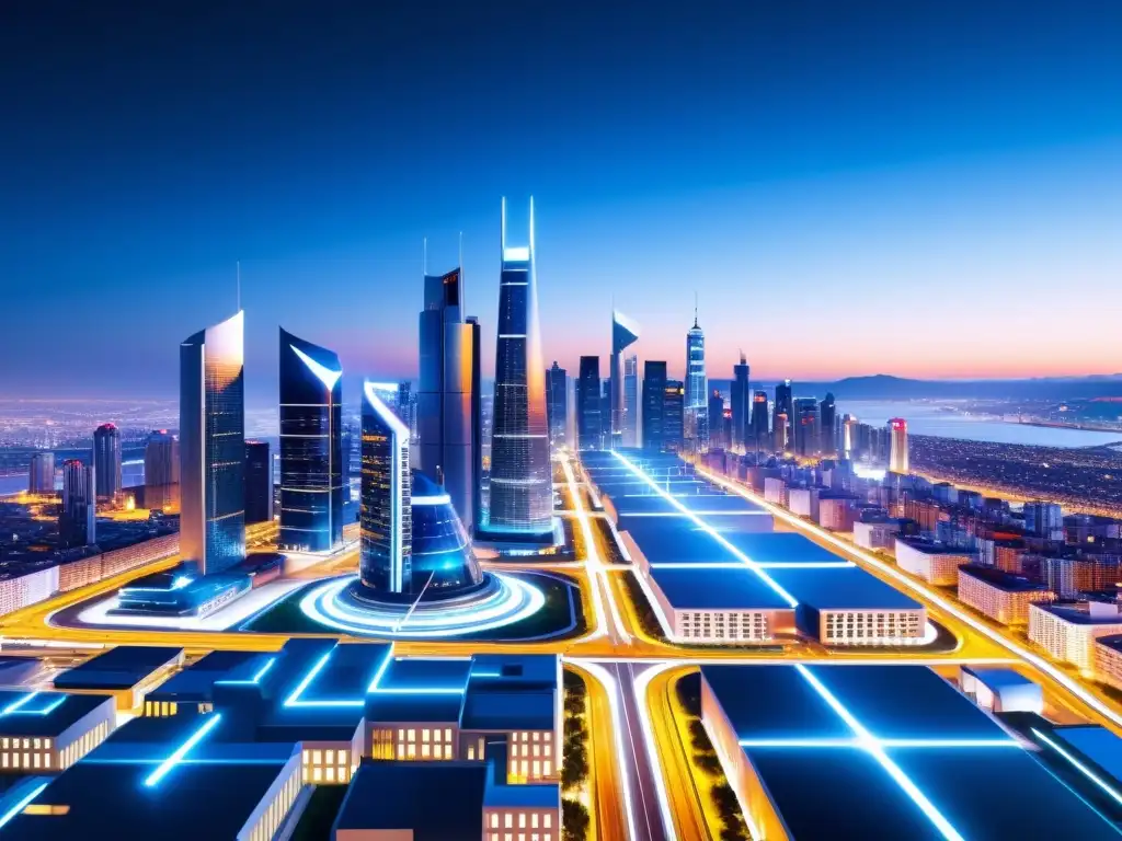 Metrópolis futurista con tecnología avanzada Imagen nocturna de la ciudad futurista con edificios iluminados y avanzada seguridad integrada