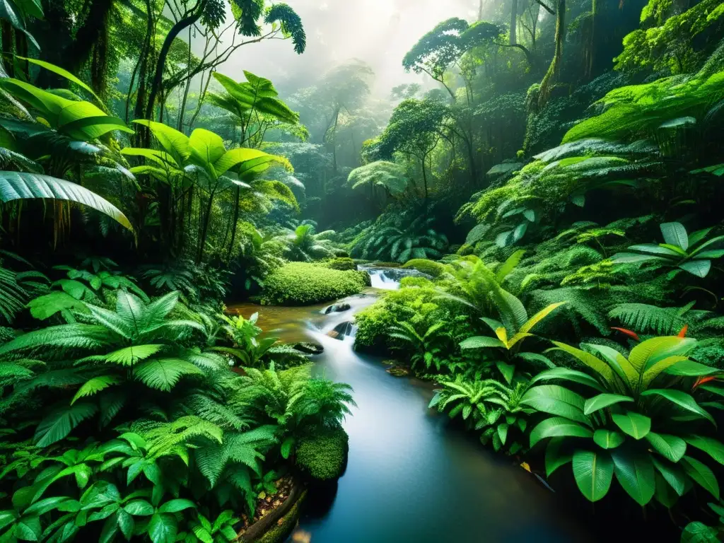 Imagen panorámica de una exuberante selva tropical, con detalles intrincados de la vida vegetal y animal