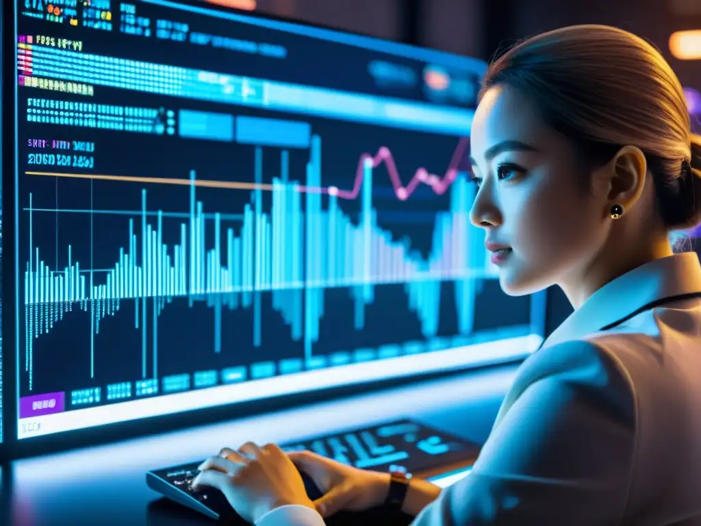 Imagen de pantalla de computadora con algoritmo de IA, código y visualizaciones de datos, en un espacio futurista