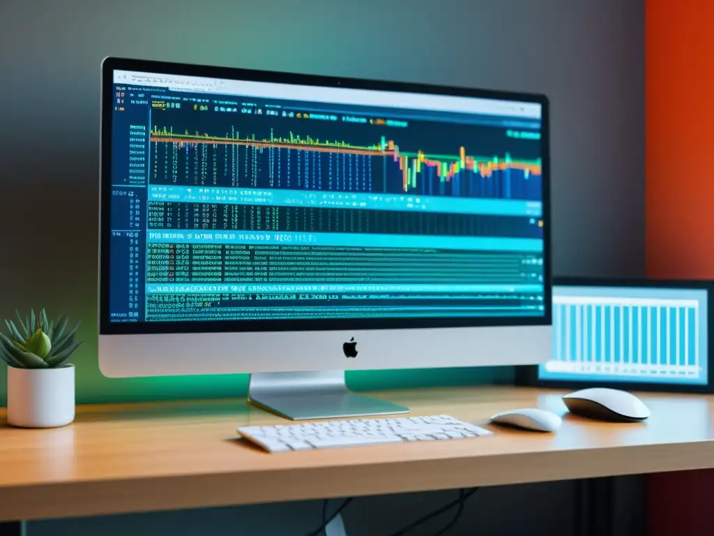 Una imagen de pantalla de computadora con código técnico en colores vibrantes, en un espacio de trabajo minimalista
