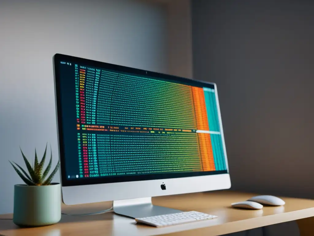 Imagen de pantalla de computadora mostrando código colorido en un espacio de trabajo moderno