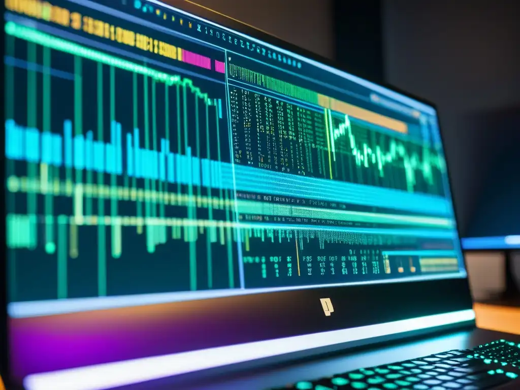 Imagen de pantalla de computadora con código criptográfico y visualizaciones de datos, en un espacio de trabajo moderno y futurista