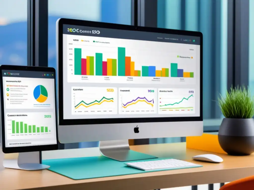 Imagen de pantalla de computadora con herramientas de SEO de código abierto mostrando gráficos detallados y análisis vibrantes