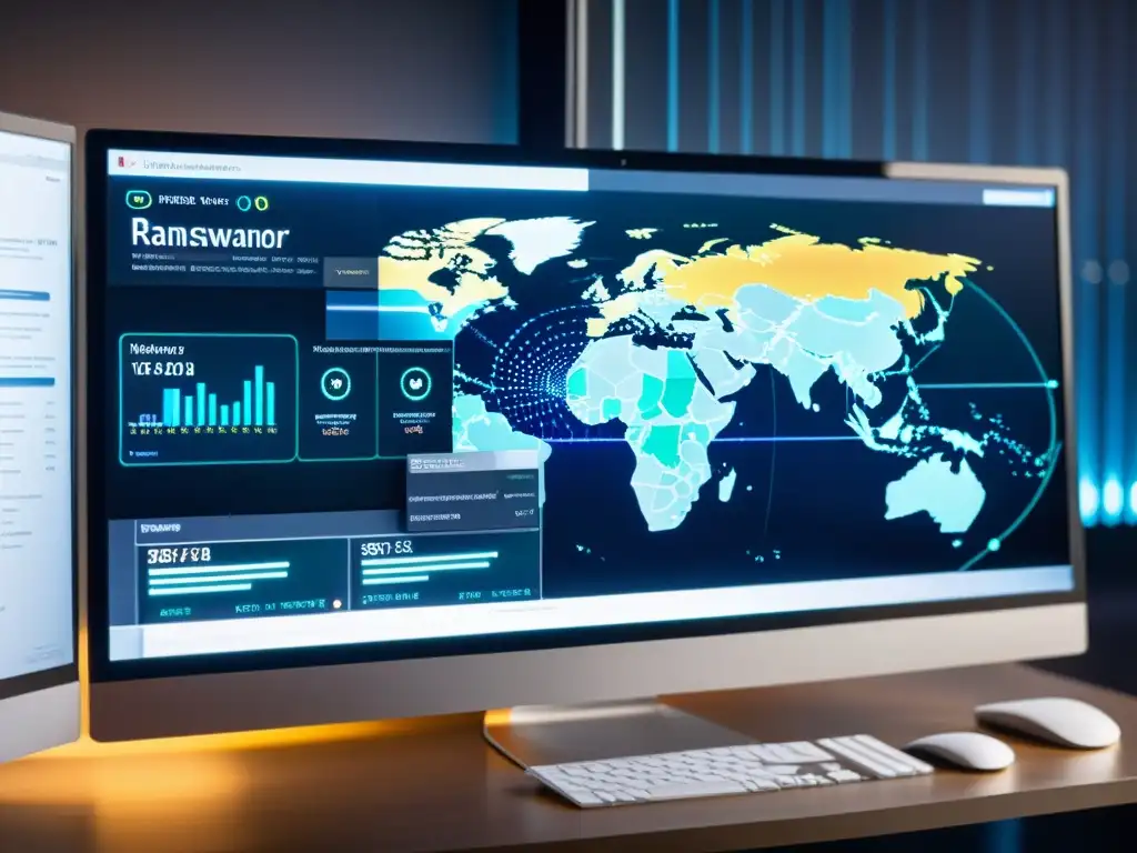 Imagen de pantalla de computadora con software de código abierto contra ransomware, mostrando una interfaz futurista y sofisticada