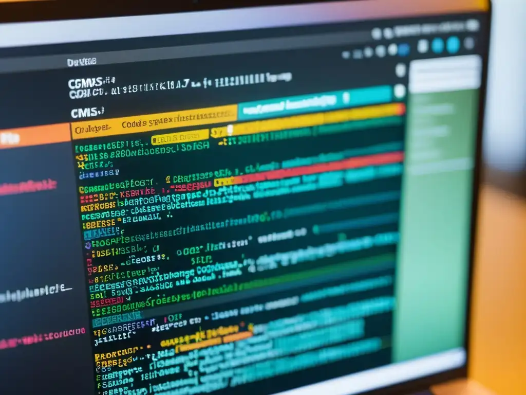 Una imagen de alta resolución de la pantalla de un ordenador mostrando líneas de código de un CMS open source con resaltado de sintaxis