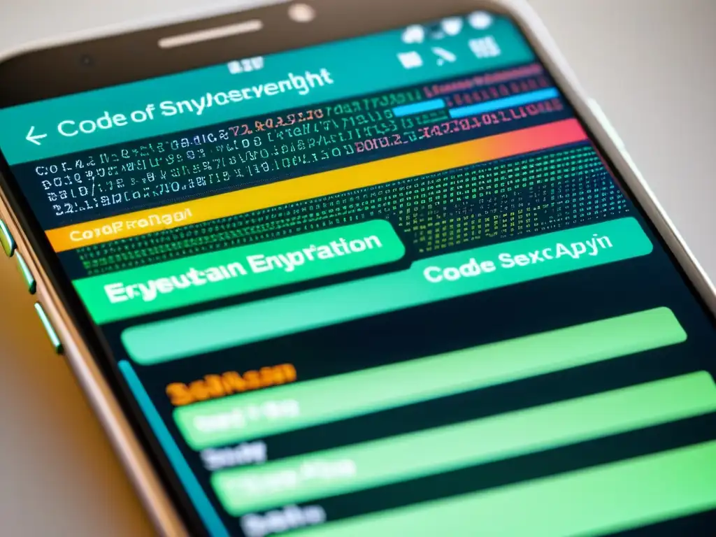 Imagen de pantalla de smartphone con código de criptografía de código abierto para aplicaciones móviles, destacando su integración y diseño moderno