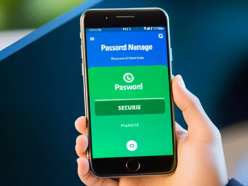 Imagen de pantalla de smartphone con gestor de contraseñas open source seguros, interfaz limpia y colores vibrantes