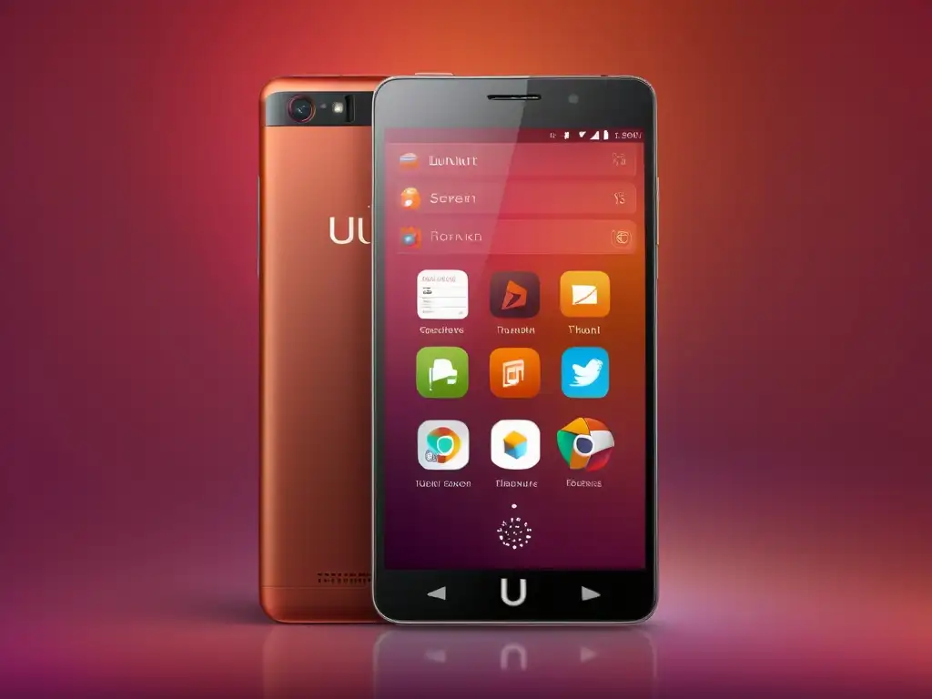 Imagen de pantalla de smartphone con la interfaz Ubuntu Touch, apps educativas y productivas