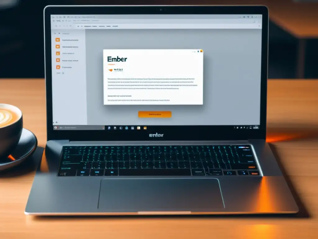 Una imagen profesional y enfocada de un elegante portátil con teclado iluminado, mostrando un editor de código Ember