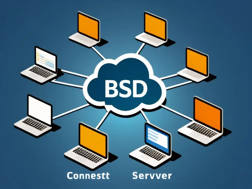 Red de servidores BSD y clientes: Samba en acción Imagen de red informática con servidores BSD y dispositivos cliente, mostrando conectividad y compartir archivos
