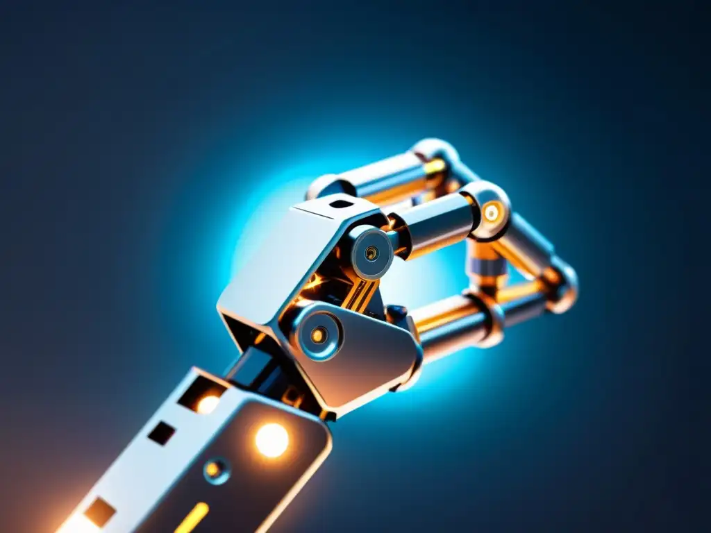Una imagen de alta resolución muestra un brazo robótico tejiendo una red de nodos blockchain, fusionando Blockchain y Robótica de Código Abierto