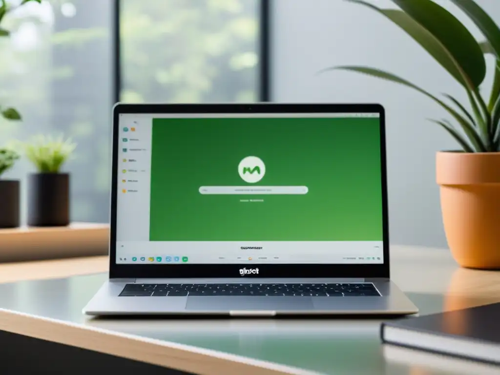 Una imagen de alta resolución de un elegante portátil mostrando la interfaz de usuario de la plataforma de blogging Ghost