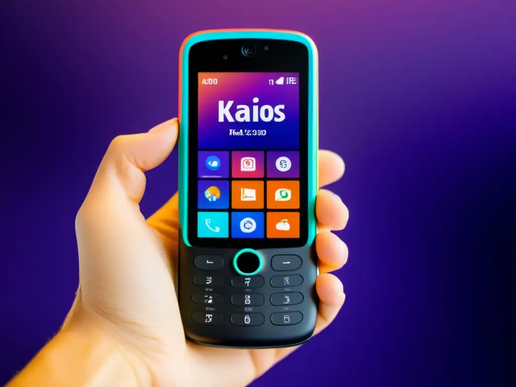 Una imagen de alta resolución de un elegante teléfono con sistema operativo KaiOS, destacando la accesibilidad y funcionalidad