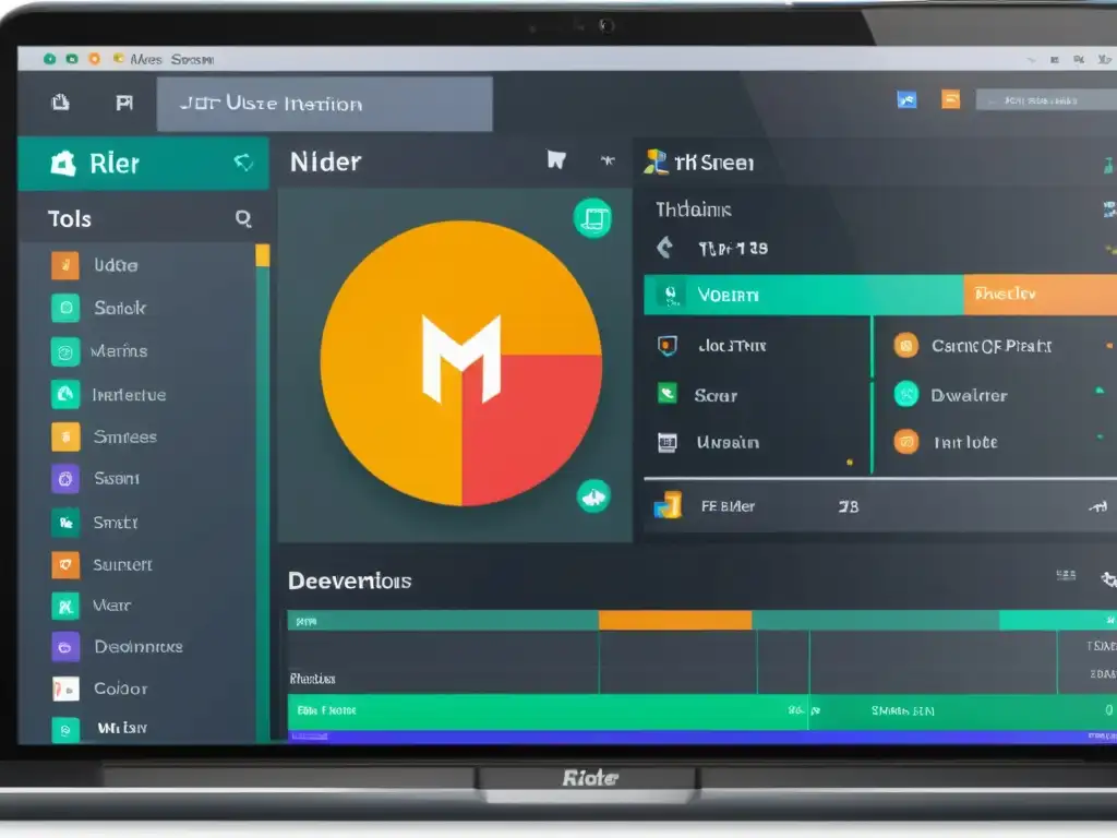 Una imagen de alta resolución muestra la interfaz del IDE Rider de JetBrains, con herramientas de terceros integradas para exploración 