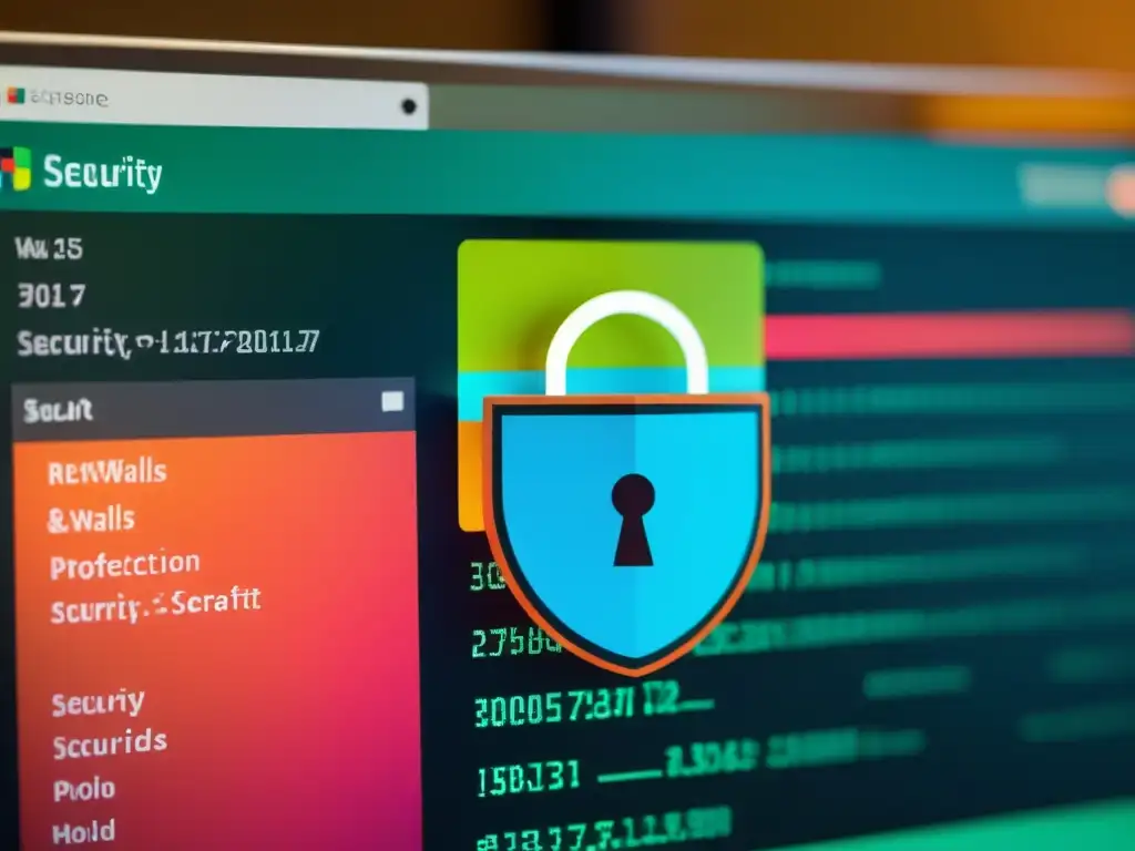 Una imagen de alta resolución muestra líneas de código abierto en una pantalla de computadora, rodeadas de iconos de seguridad