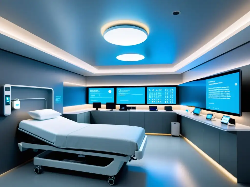 Imagen de una sala de hospital futurista con IoT de código abierto en medicina, tecnología avanzada y diseño minimalista